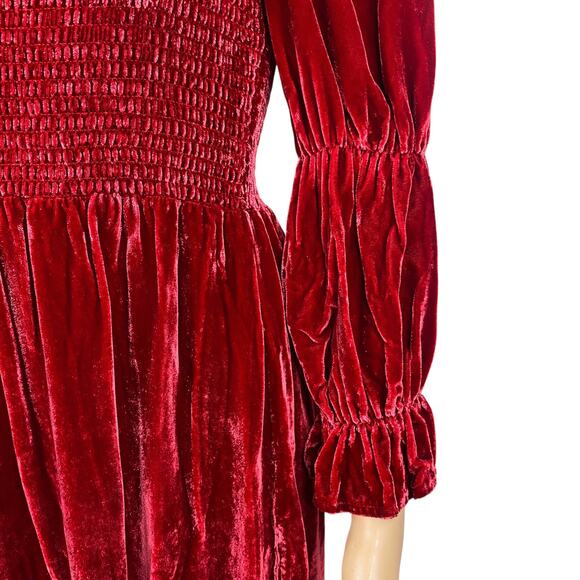 Reformation Albi Crimson Red Velvet Smocked Mini Dress SZ S - Picture 6 of 11